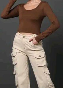 Brown Scoop Neck Long Sleeve Crop Top