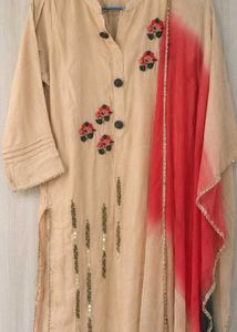 ELEGANT BEIGE EMBROIDERED KURTA SET WITH DUPATTA