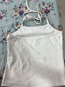 White Halter Neck Ribbed Tank Top