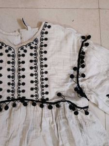 Embroidered White Kurta with Pom-Pom Trim