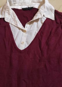 Maroon V-Neck Collared Top