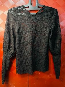 Elegant Black Lace Top with Pearl Neckline