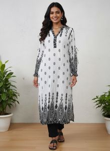 White & Black Printed Kurta