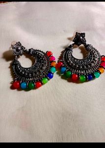 Boho Oxidized Jhumka Earrings with Colorful Beads