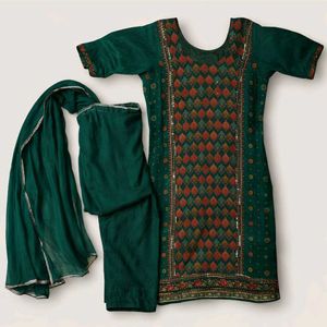 “Dark Green Embroidered Ethnic Suit Set with Dupat