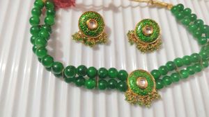 💞Emerald Green Beaded Necklace &amp; Earrings Set