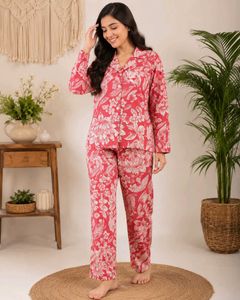 Red Floral Cotton Night Suit Set