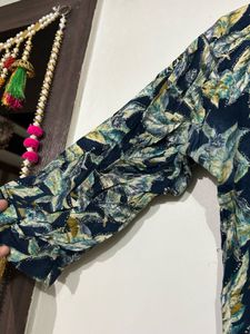 Navy Blue Leaf Print Straight Kurti