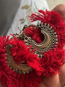 Red Colour Thread Oxidised Earring