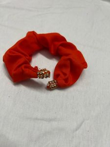 Orange Hair Scrunchie with Embellishments