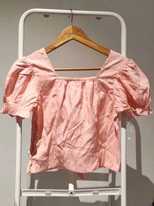 Chic Pink Puff Sleeve Tie Front Top