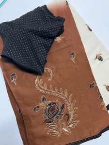 Elegant Brown &amp; Cream Saree with stitched Blouse