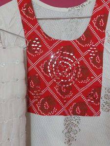 White and red kurti set with dupatta, Pant