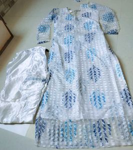 Elegant White Blue Leaf Print net Kurta Set