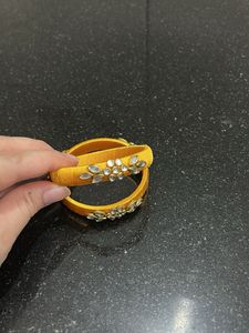 Yellow Silk Thread Bangles with Stones