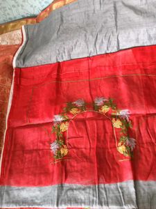 Grey With Red Floral Design ChanderiCotton Saree
