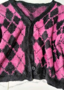 Argyle Cropped Cardigan,black pink sweater