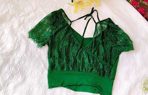 Shein Franchy Tie Backv Neck Contst Lace Top