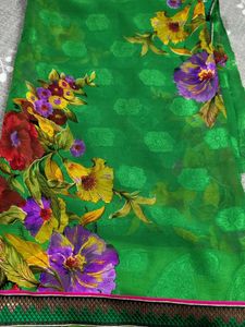 Vibrant Floral Print Green Saree