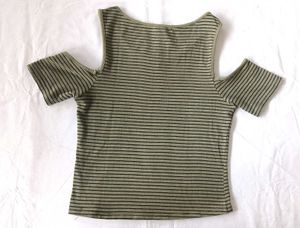 Olive Striped Cold Shoulder Top