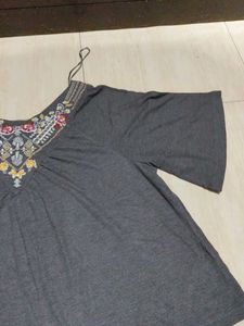 Gray Embroidered Top