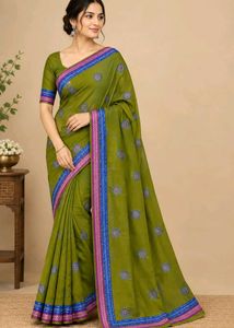 Elegant Olive Green Embroidered Saree