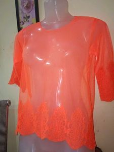 Sheer Orange Lace Trim Top