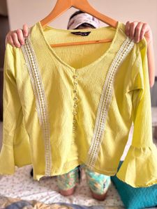 Chic Yellow Bell Sleeve Top with Lace Detail