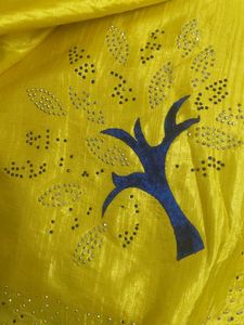 Yellow Silk Saree with Blue Tree Design