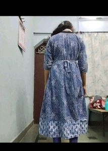 blue white cotton anarkali printed frock legi