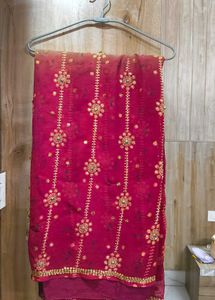 Elegant red beige Embroidered Saree