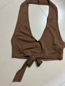 Brown Halter Neck Ribbed Crop Top