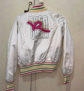 White Bomber Jacket with Pink Logo