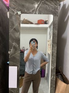 Striped V-Neck Button-Up Top