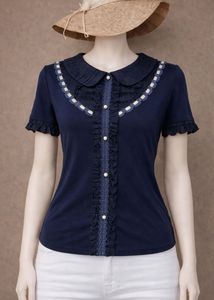 Charming Navy Blue Ruffled Blouse