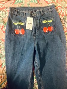 Cute Cherry Embroidered Flared Jeans