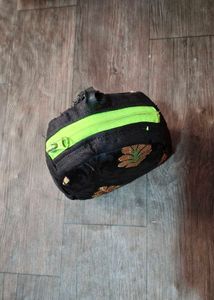 Embroidered Black Pouch with Neon Zipper
