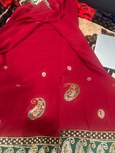 Elegant Red Saree with Paisley Embroidery