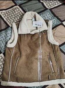 Brown fleece lined lapel collor pu jacket
