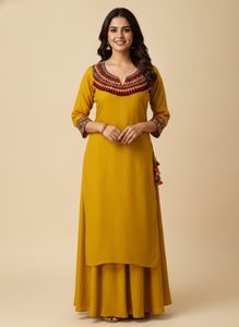 🌼Yellow Kurta Set with Embroidered Neckline🌼