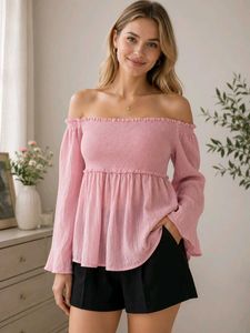 Off-the-Shoulder Smocked Pink Top