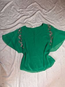 Emerald Green Embellished Flutter Sleeve Top