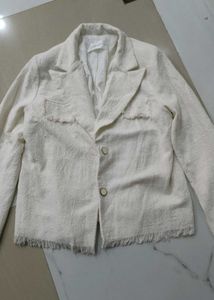 Cream Textured Fringed Blazer,tweed jacket