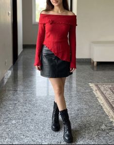 Chic Red Off-Shoulder Top with Rose Detail
