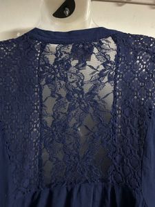 Blue Lace Trim Open Front Cardigan