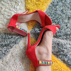 Red Embellished Strappy Heels