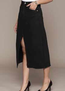 Mango Black Denim Midi Skirt with High Slit