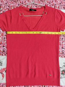 Chic Red V-Neck Top with Stud Detail