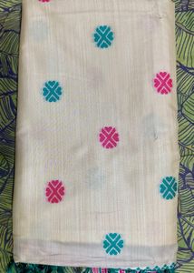 Elegant Off-White Saree with Pink & Teal Motifs