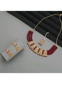 Elegant Red Beaded Choker Necklace Set